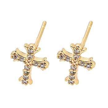 Brass with Micro Pave Cubic Zirconia Stud Earrings, Cross, Cross, 10x7.5mm