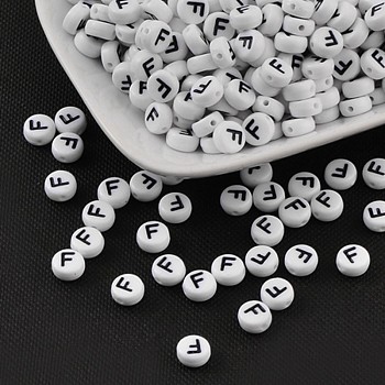 Acrylic Beads, with Horizontal Hole, Letter, Flat Round, Letter.F, 7x4mm, Hole: 1mm, about 146pcs/20g