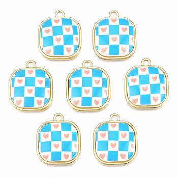 Resin Pendants, with Light Gold Plated Alloy, Cadmium Free & Nickel Free & Lead Free, Square with Heart, Deep Sky Blue, 17x14x5mm, Hole: 1.4mm