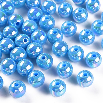 Opaque Acrylic Beads, AB Color Plated, Round, Deep Sky Blue, 10x9mm, Hole: 2mm, about 940pcs/500g
