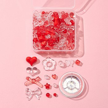 DIY Beaded Stretch Bracelet Making Kit, Including Round & Square & Flower & Heart & Bowknot Acrylic Beads, Elastic Thread, Red, 181Pcs/box