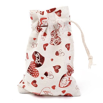 Christmas Theme Cotton Fabric Cloth Bag, Drawstring Bags, for Christmas Party Snack Gift Ornaments, Heart Pattern, 14x10cm