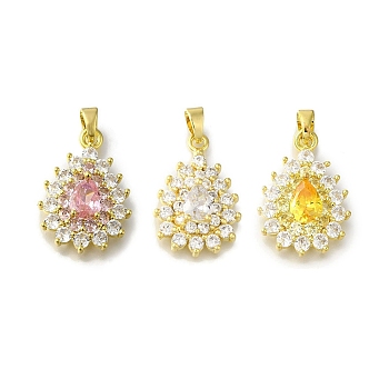 Rack Plating Brass Micro Pave Cubic Zirconia Pendant, Lead Free & Cadmium Free, Long-Lasting Plated, Teardrop, Golden, Mixed Color, 25x17x5mm, Hole: 4x3mm