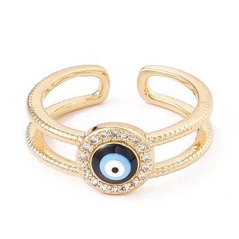 Black Enamel Evil Eye Open Cuff Ring with Clear Cubic Zirconia, Brass Jewelry for Women, Lead Free & Cadmium Free, Real 18K Gold Plated, US Size 7 1/4(17.5mm)