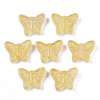 Transparent Spray Painted Glass Beads, with Golden Foil, Butterfly, Light Khaki, 12.5x15.5x5mm, Hole: 1mm