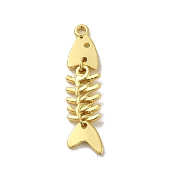 Rack Plating Brass Pendants, Cadmium Free & Lead Free, Long-Lasting Plated, Fishbone, Real 18K Gold Plated, 47x11x3mm, Hole: 2mm