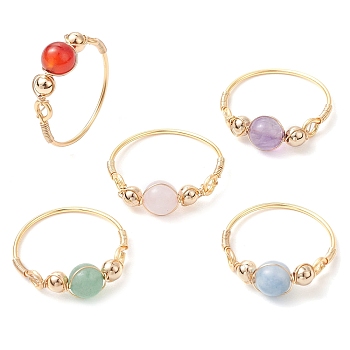 Round Natural Quartz Crystal & Rose Quartz & Green Aventurine & Amethyst & Carnelian Finger Rings, Copper Wire Wrapped Rings for Women, Inner Diameter: 19mm