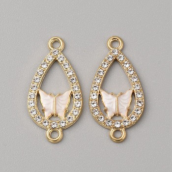 Alloy Enamel Connectors Charms, Teardrop Links with Butterfly, with Crystal Rhinestone, Light Gold, White, 26.5x13x2mm, Hole: 1.8mm