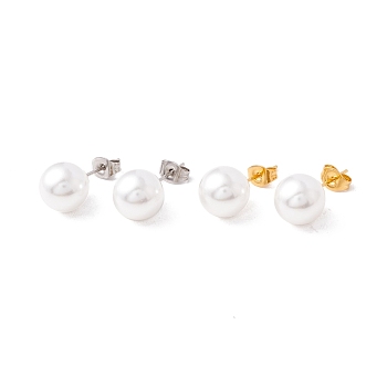 6 Pair Shell Pearl Round Ball Stud Earrings, 304 Stainless Steel Post Earrings for Women, White, Mixed Color, 22x10mm, Pin: 1mm