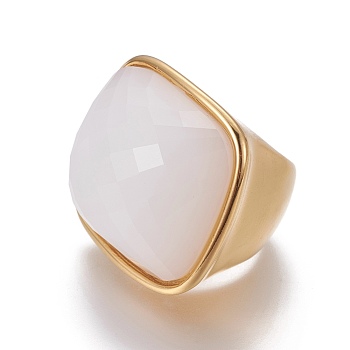 Ion Plating(IP) 304 Stainless Steel Finger Rings, with Faceted Glass, Golden, Creamy White, Size 6~9, 16~19mm