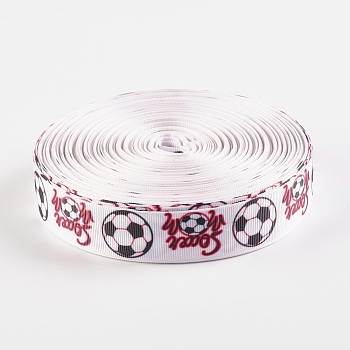 Single Face Word Soccer with Football Printed Polyester Grosgrain Ribbons, White, 1 inch(25mm), 0.4mm