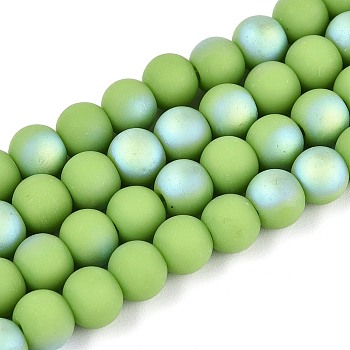 Frosted Opaque Glass Beads Strands, Round, Half Plated, AB Color Plated, Light Green, 6~6.5mm, Hole: 0.9mm, about 67~70pcs/strand, 14.57~15.16 inch(37~37.5cm)