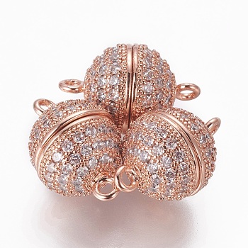 Brass Micro Pave Cubic Zirconia Magnetic Clasps with Loops, Round, Clear, Rose Gold, 15~15.5x10mm, Hole: 1.4mm