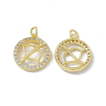 Real 18K Gold Plated Brass Micro Pave Clear Cubic Zirconia Pendants, with Jump Ring, Ring with Constellation Charm, Sagittarius, 18.5x16x3mm, Hole: 3.4mm