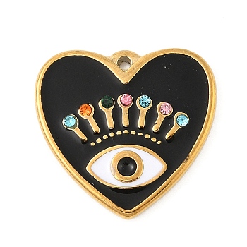 304 Stainless Steel Enamel Pendants, with Rhinestone, Heart with Eye Charms, Real 18K Gold Plated, PVD Vacuum Plating, Black, 23x24x3mm, Hole: 1.4mm