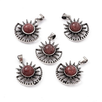 Natural Strawberry Quartz Pendants, Sun Charms, with Antique Silver Color Brass Findings, 23x19x8mm, Hole: 4x3.5mm