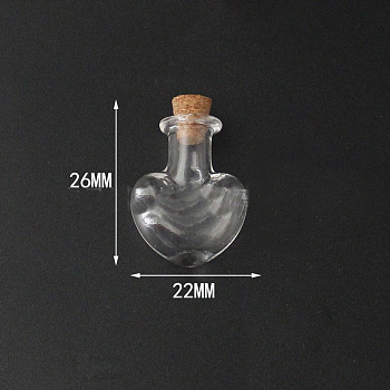 Mini High Borosilicate Glass Bottle Bead Containers, Wishing Bottle, with Cork Stopper, Heart, Clear, 2.6x2.2cm