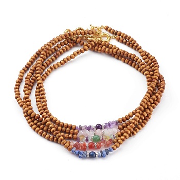 Natural Wood Beaded Necklaces, with Natural Gemstone Beads and Brass Rhinestone Beads, Round & Chips, Golden, 20.07 inch(51cm)