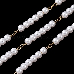 304 Stainless Steel & ABS Plastic Pearl Round Bead Cable Chains, Ion Plating(IP), Soldered, with Spool, Golden, 20.5x4mm(CHS-G048-01G)