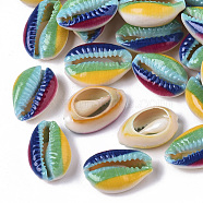 Printed Natural Cowrie Shell Beads, No Hole/Undrilled, Rainbow Style, Colorful, 18~21x12~15x7mm(X-SSHEL-R047-01-A08)