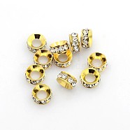 Brass Rhinestone Spacer Beads, Grade A, Rondelle, Golden Metal Color, Crystal, 7x3.3mm, Hole: 3.5mm(X-RB-A020-7mm-01G)