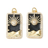Rack Plating Brass Micro Pave Clear Cubic Zirconia Pendants, with Enamel, Cadmium Free & Nickel Free & Lead Free, Real 18K Gold Plated, Rectangle with Sun, Black, 27x14x3.5mm, Hole: 3.4mm(KK-D073-24G-01)