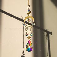 Glass Teardrop Big Pendant Decorations, Hanging Suncatchers, with Brass Moon/Evil Eye Link for Window Decoration, Evil Eye, 350mm(PW-WG59233-04)