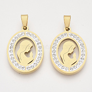 201 Stainless Steel Pendants, for Mothers' Day, with Random Size Snap On Bails and Polymer Clay Crystal Rhinestones, Oval with Mom, Golden, 25x18x2.5mm, Hole: 8~10x3~5mm(STAS-N089-23G)
