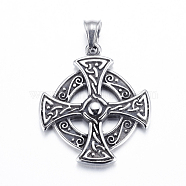 304 Stainless Steel Pendants, Flat Round with Cross, Antique Silver, 31x27x4mm, Hole: 5.5x6mm(STAS-E140-D05)