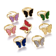 Adjustable Brass Micro Pave Clear Cubic Zirconia Finger Rings, with Resin, Butterfly with Rose, Golden, Mixed Color, Size 7, Inner Diameter: 17mm(RJEW-F106-G)