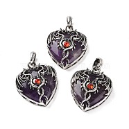 Natural Amethyst Pendants, Heart Charms, with Rack Plating Antique Silver Tone Hyacinth Rhinestone Dragon Wing Findings, 36.5~37.5x32~32.5x9.5~10.5mm, Hole: 8.5x5.5mm(G-A207-01AS-09)