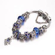 Alloy Glass Bead European Bracelets, with Rhinestones and Brass Chain, Blue, 190mm(BJEW-L602-20A)