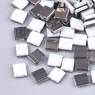 Electroplate Opaque Glass Seed Beads, 2-Hole, Rectangle, Black Plated, White, 5x4.5~5.5x2~2.5mm, Hole: 0.5~0.8mm(SEED-S023-18C-01B)