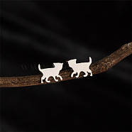 Stainless Steel Cat Shape Stud Earrings, Stainless Steel Color, 8x11mm(PW-WG381B7-02)