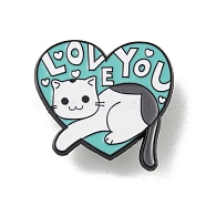 Cartoon Cat Shape Theme Black Alloy Brooches, Enamel Pins, Heart with Word Love, 29x29mm(JEWB-A025-02B)