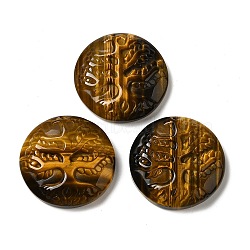 Natural Tiger Eye Pendants, Flat Round Charms with Engraved Tree of Life, 35~37x7.5~9.5mm, Hole: 1.5mm(G-C091-03A)