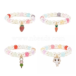 Candy Color Round Beaded Stretch Bracelet with Enamel Charm for Kid, Mixed Color, Inner Diameter: 1-5/8 inch(4.25cm)(BJEW-JB07637)
