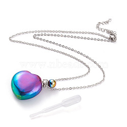 Electroplated Natural Quartz Crystal Openable Perfume Bottle Pendant Necklaces, with 304 Stainless Steel Cable Chains and Plastic Dropper, Heart, Stainless Steel Color, Colorful, 20.47 inch(52cm), Bottle Capacity: 2~3ml(0.06~0.1 fl. oz)(NJEW-H216-10C-P)