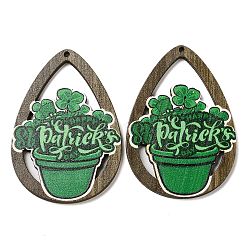 Saint Patrick's Day Single Face Printed Wood Big Pendants, Teardrop Charms with Clover, Green, 54x37.5x2.5mm, Hole: 1.5mm(WOOD-E016-01)