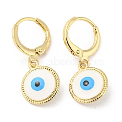 Real 18K Gold Plated Brass Dangle Leverback Earrings, with Enamel, Evil Eye, White, 26.5x11mm(EJEW-L269-007G-08)