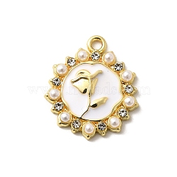 Alloy Pendants, with Enamel & ABS Plastic Beads, Lead Free & Cadmium Free & Nickel Free, Rack Plating, Flower, White, Golden, 20x17.5x3mm, Hole: 1.6mm(FIND-H015-04G-02)