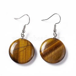 Natural Tiger Eye Flat Round Dangle Earrings, Platinum Brass Jewelry for Women, 42mm, Pin: 0.7mm(EJEW-D188-03P-07)