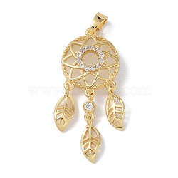 Brass Micro Pave Clear Cubic Zirconia Pendants, with Resin, Suncratcher, Flat Round with Leaf, Real 18K Gold Plated, 32.5x13.5x5.5mm, Hole: 4.5x2.5mm(KK-P273-01G)