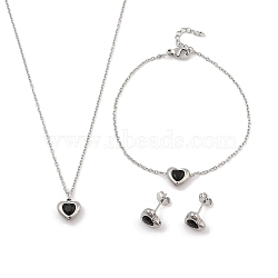 Heart 304 Stainless Steel Micro Pave Cubic Zirconia Pendant Necklaces & Bracelets & Stud Earrings Sets for Women, Black, 7.48 inch(190mm)(SJEW-C004-13P-04)