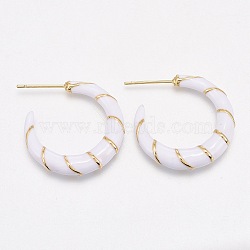 Brass Enamel Half Hoop Earrings, Stud Earrings, with Ear Nuts, Long-Lasting Plated, Moon, Real 18K Gold Plated, White, 23x5mm, Pin: 1mm(EJEW-L231-62B)