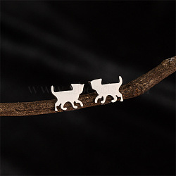 Stainless Steel Cat Shape Stud Earrings, Stainless Steel Color, 8x11mm(PW-WG381B7-02)