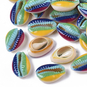 Printed Natural Cowrie Shell Beads, No Hole/Undrilled, Rainbow Style, Colorful, 18~21x12~15x7mm