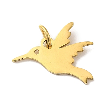 Vacuum Plating 201 Stainless Steel Charms, with Jump Rings, Laser Cut, Bird Charm, Real 18K Gold Plated, 13x15x1mm, Hole: 3mm
