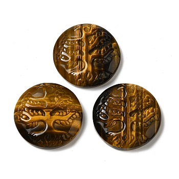 Natural Tiger Eye Pendants, Flat Round Charms with Engraved Tree of Life, 35~37x7.5~9.5mm, Hole: 1.5mm