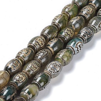 Tibetan Style dZi Beads Strands, Natural Agate Beads, Dyed & Heated, Oval, Roc/Peng Pattern, 13~14x9.5~10mm, Hole: 1.2mm, about 25pcs/strand, 13.39''(34cm)